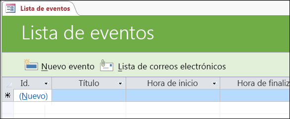 Formulario de la lista de eventos en la plantilla de la base de datos de eventos de Access