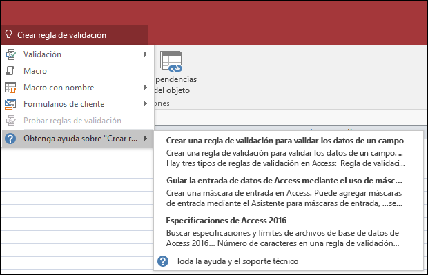 Haga clic en el cuadro Información en Access y escriba lo que le gustaría hacer. Información intentará ayudarle a realizar dicha tarea.