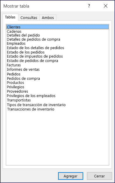 Muestra el cuadro de diálogo Tabla de Access con los nombres de la tabla