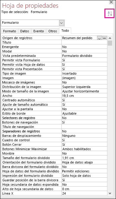 Captura de pantalla de la hoja de propiedades de Access sin la ordenación de propiedades