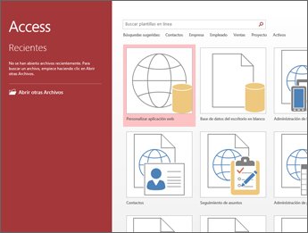Pantalla de inicio de sesión de Access, que muestra el cuadro de búsqueda de plantilla y los botones Personalizar aplicación web y Base de datos del escritorio en blanco.