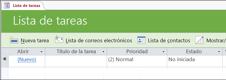 Formulario de la lista de tareas en la plantilla de la base de datos de tareas de Access