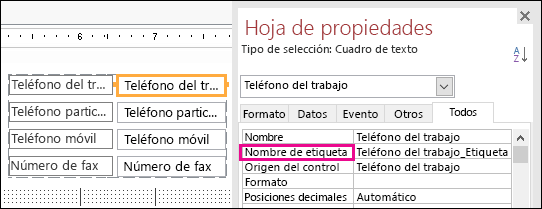 La propiedad Nombre de etiqueta se muestra en la hoja de propiedades