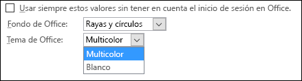 Menú desplegable Tema de Office, opciones de tema Multicolor y Blanco