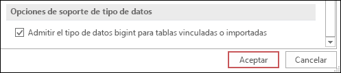 Captura de pantalla de la opción seleccionada de compatibilidad del tipo bigint para tablas importadas o vinculadas en las opciones de Access.