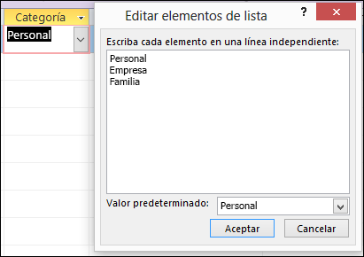 Cuadro de diálogo Editar elementos de lista en un formulario de Access