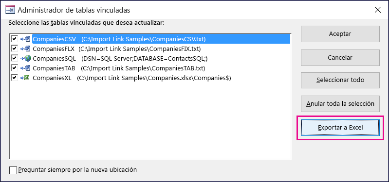 El cuadro de diálogo del administrador de tablas vinculadas en Access con el botón Exportar a Excel seleccionado.