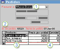 Formulario Pedidos que muestra información relacionada de cinco tablas