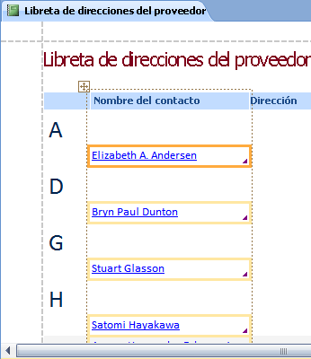 Informe en la vista Presentación