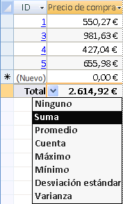 Fila Total en hoja de datos